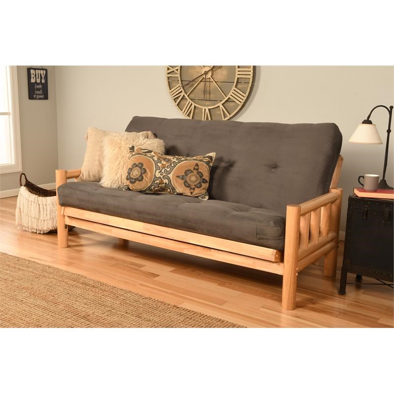 Pemberly Row Futon with Suede Fabric Mattress in Natural and Gray