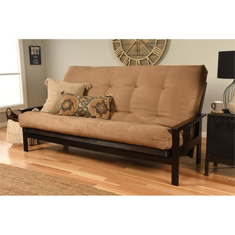 Pemberly Row Futon Frame with Fabric Mattress in Tan and Espresso