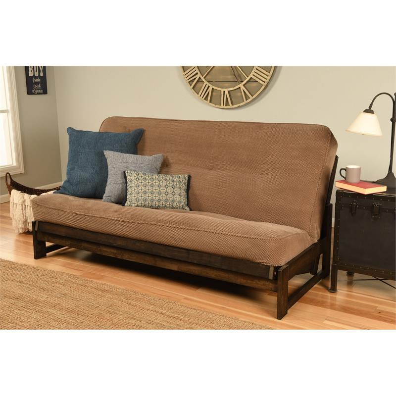 Pemberly Row Futon with Fabric Mattress in Marmont Mocha and Brown