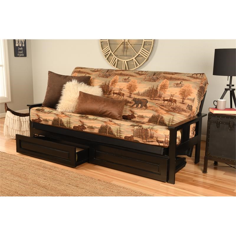 Pemberly Row Futon with Canadian Print Mattress in Black and Brown