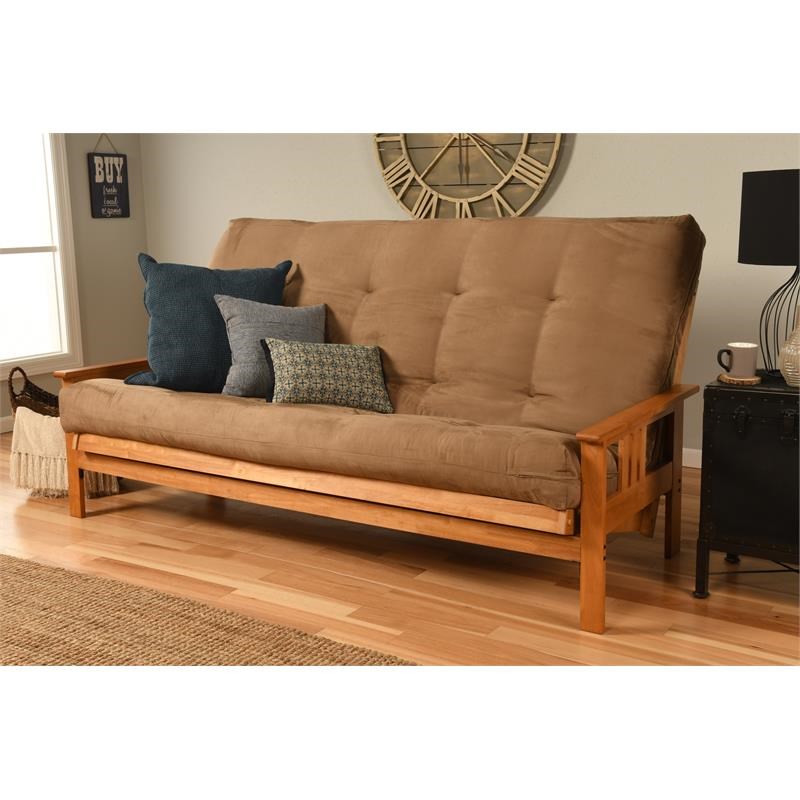 Pemberly Row Futon Frame with Fabric Mattress in Tan and Butternut