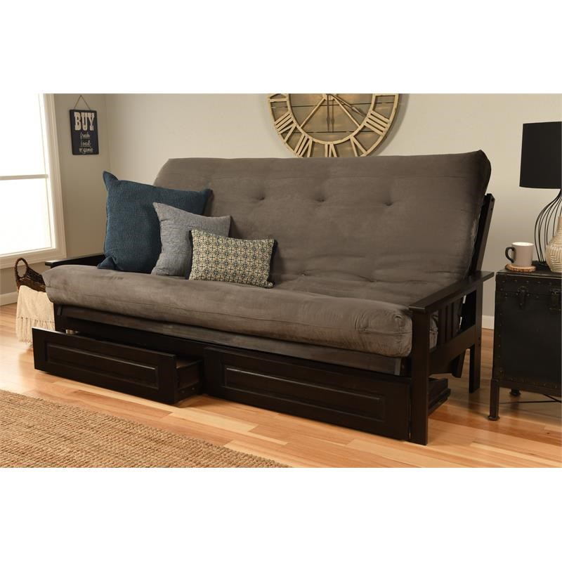 Pemberly Row Frame with Suede Fabric Mattress in Gray and Espresso