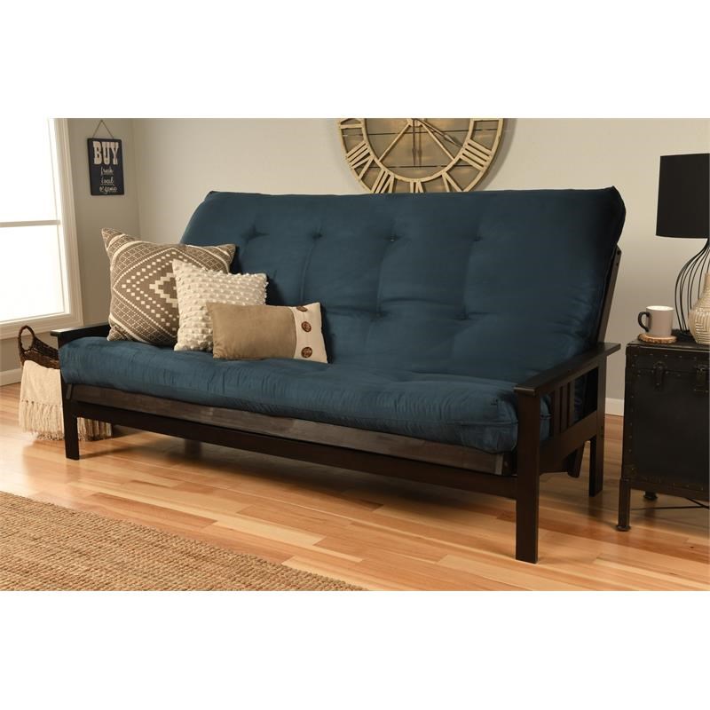 Pemberly Row Futon Frame with Fabric Mattress in Blue and Espresso