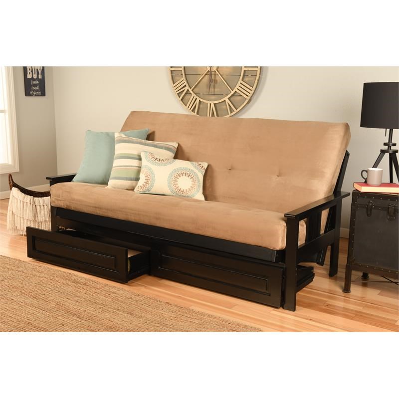 Pemberly Row Full Futon with Suede Fabric Mattress in Tan and Black
