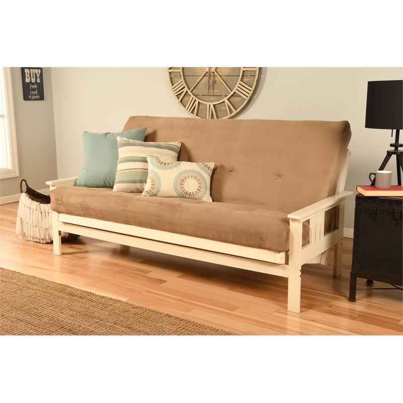 Pemberly Row Full Futon with Suede Fabric Mattress in White and Tan