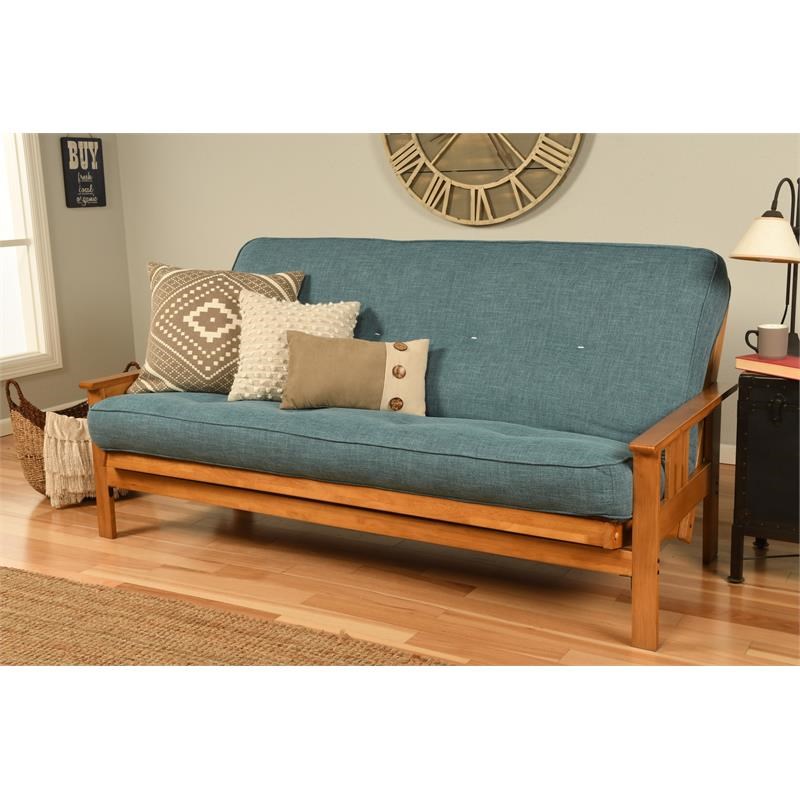 Pemberly Row Futon with Linen Fabric Mattress in Butternut and Blue
