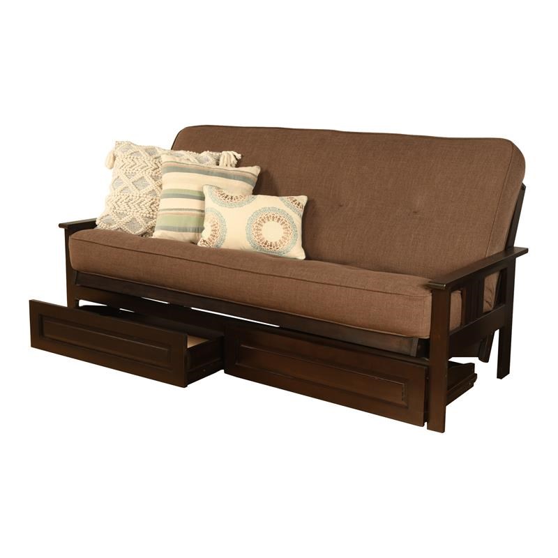 Pemberly Row Frame with Linen Fabric Mattress in Espresso and Brown