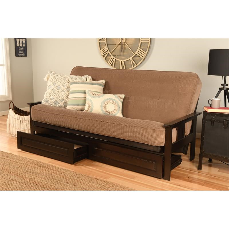 Pemberly Row Frame with Fabric Mattress in Espresso and Mocha Brown