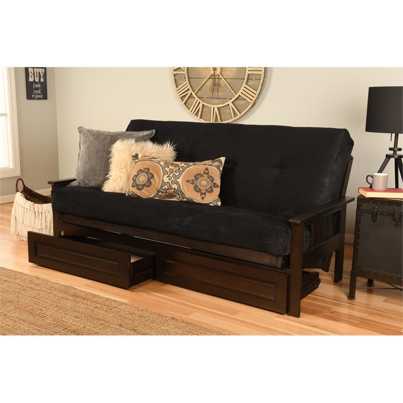 Pemberly Row Frame with Suede Fabric Mattress in Espresso and Black