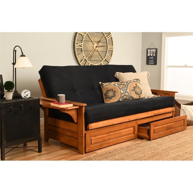 Pemberly Row Futon with Suede Fabric Mattress in Black and Barbados
