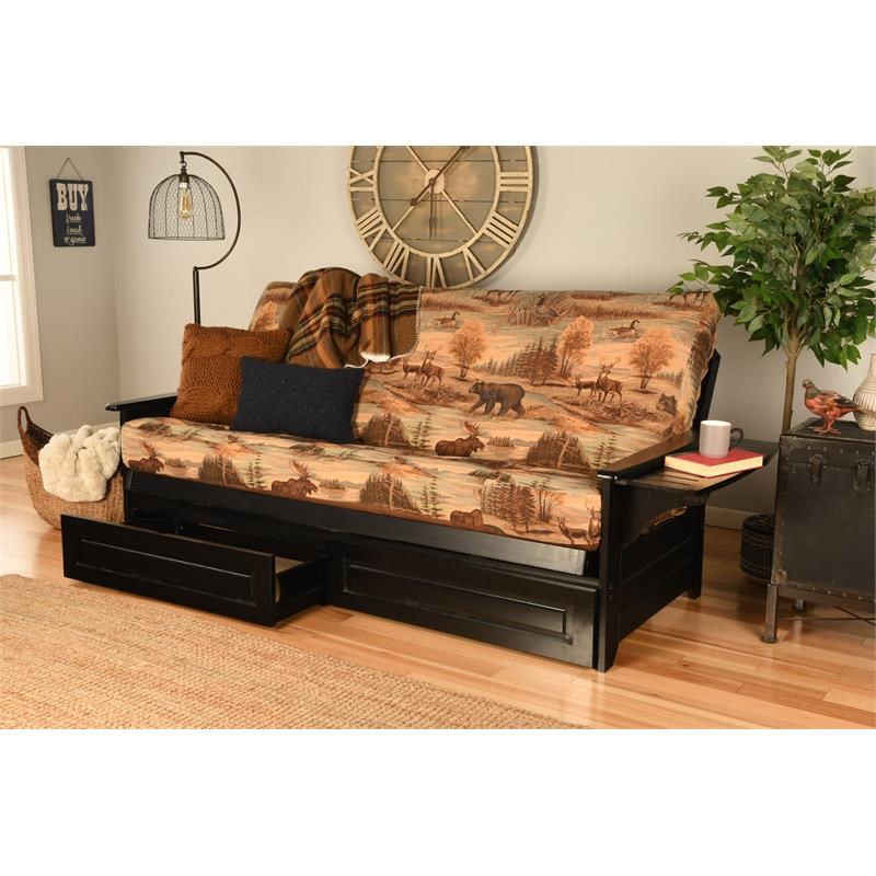 Pemberly Row Futon with Canadian Fabric Mattress in Black and Brown