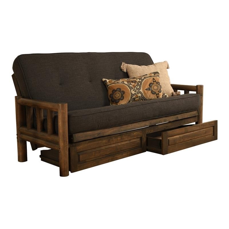 Pemberly Row Frame with Linen Fabric Mattress in Rustic Walnut and Gray