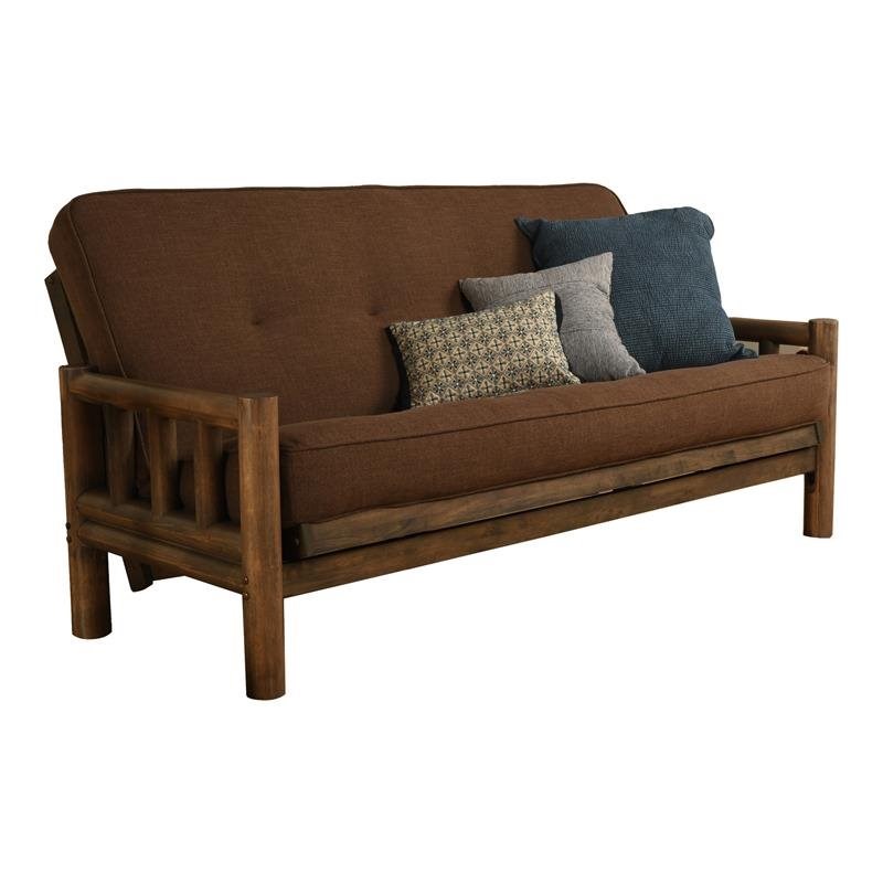Pemberly Row Futon with Linen Fabric Mattress in Walnut and Cocoa Brown
