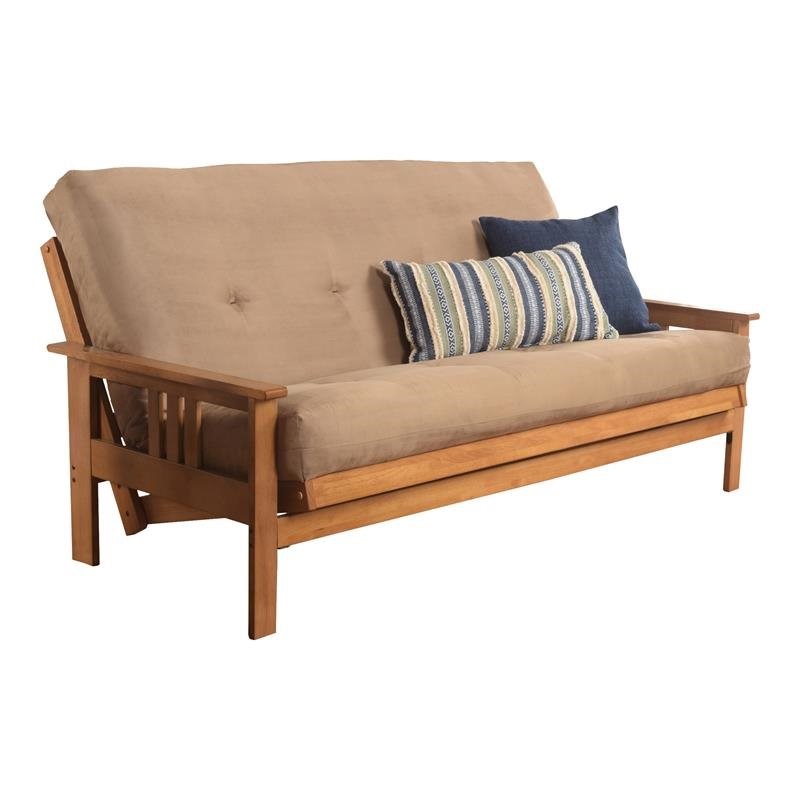 Pemberly Row Full Futon with Suede Fabric Mattress in Butternut and Tan