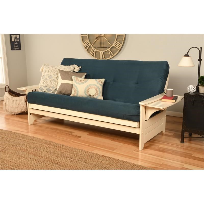 Pemberly Row Futon with Suede Fabric Mattress in Antique White and Blue