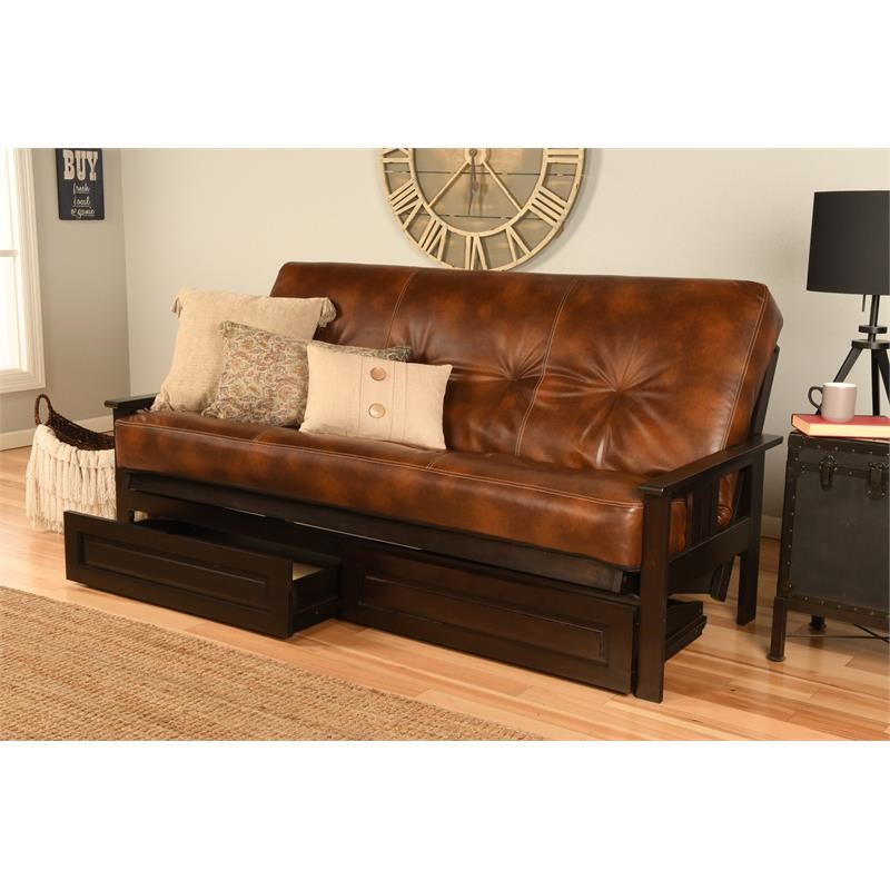 Pemberly Row Espresso Storage Futon and Brown Faux Leather Mattress