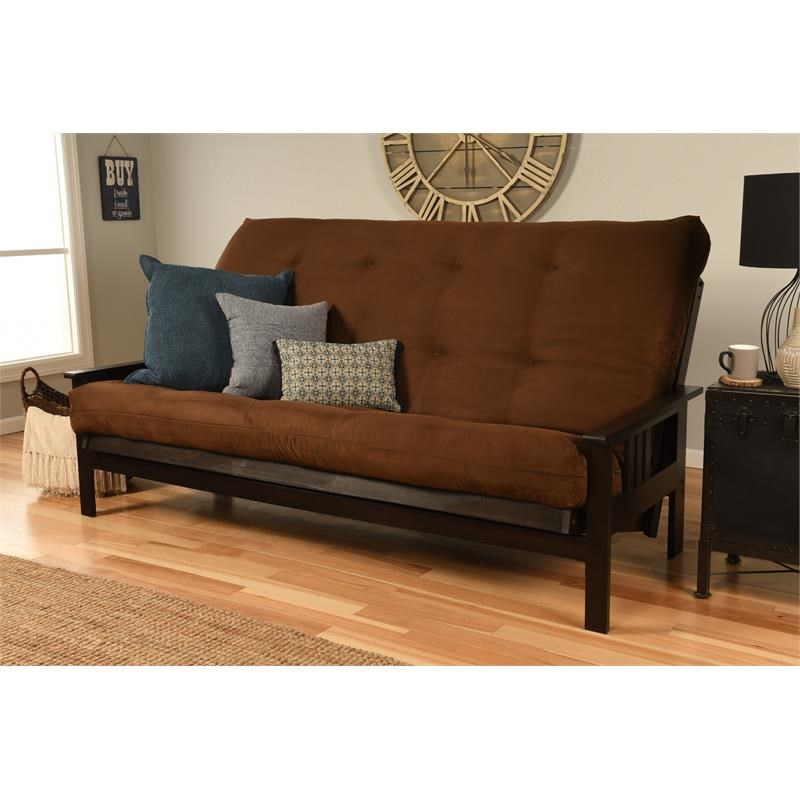Pemberly Row Futon Frame with Fabric Mattress in Brown and Espresso