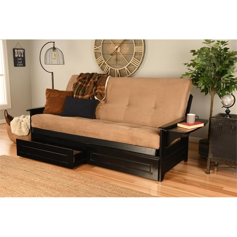 Pemberly Row Futon with Suede Peat Fabric Mattress in Black and Tan