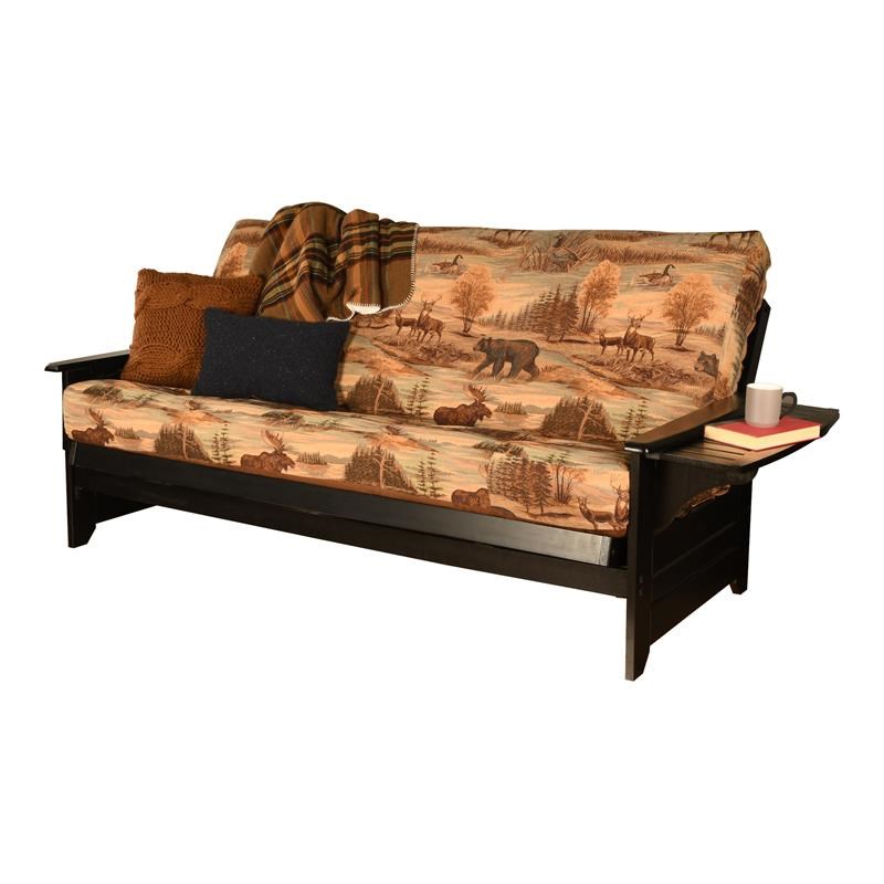 Pemberly Row Futon with Canadian Fabric Mattress in Brown and Black