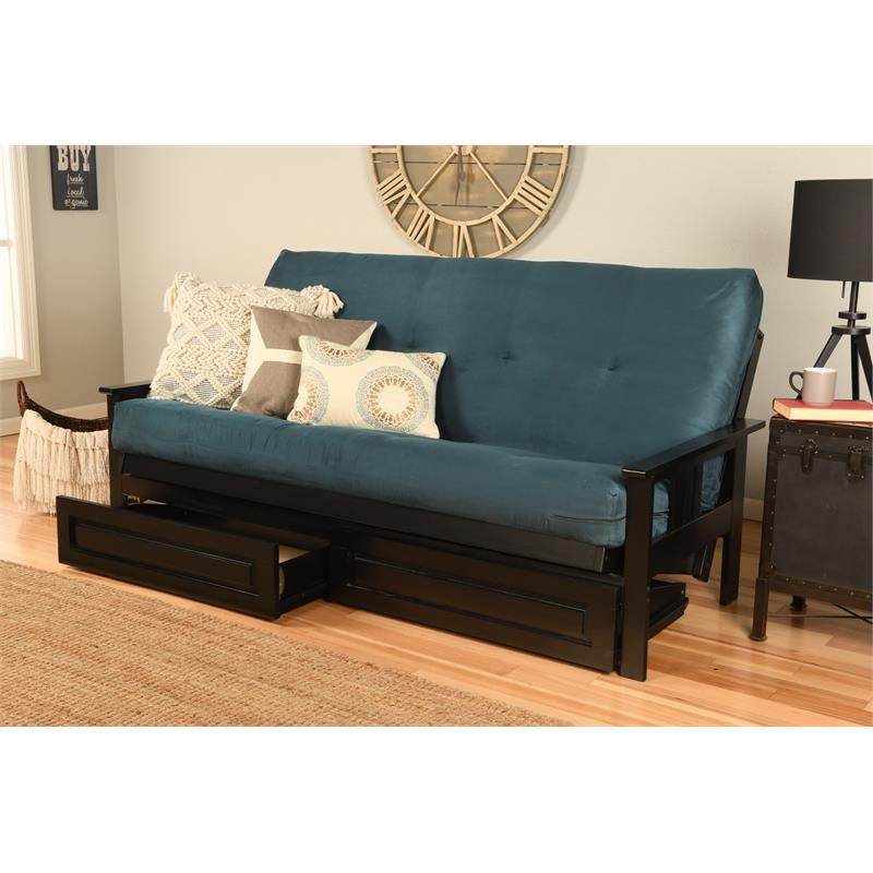 Pemberly Row Full Futon with Suede Fabric Mattress in Blue and Black