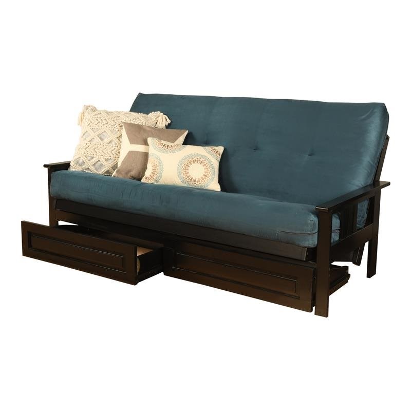 Pemberly Row Full Futon with Suede Fabric Mattress in Blue and Black