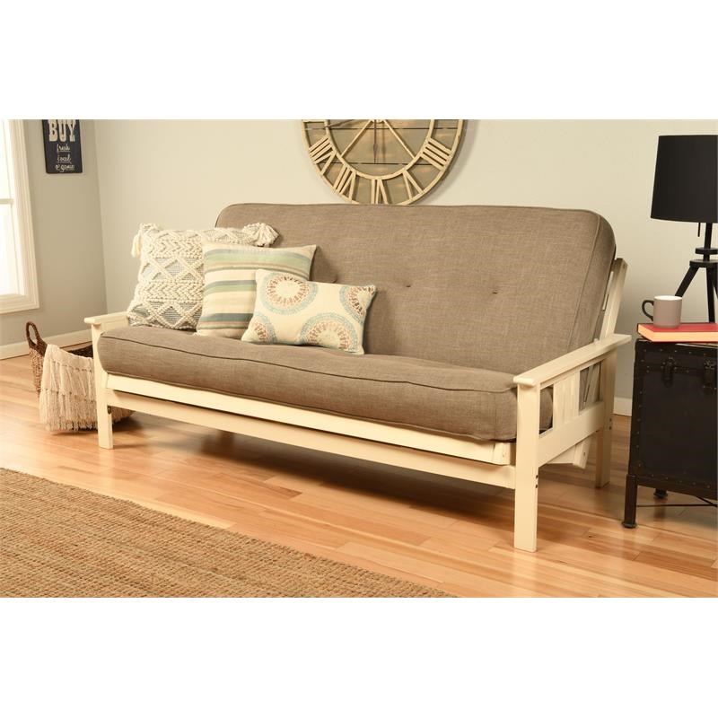 Pemberly Row Full Frame with Linen Fabric Mattress in White and Gray
