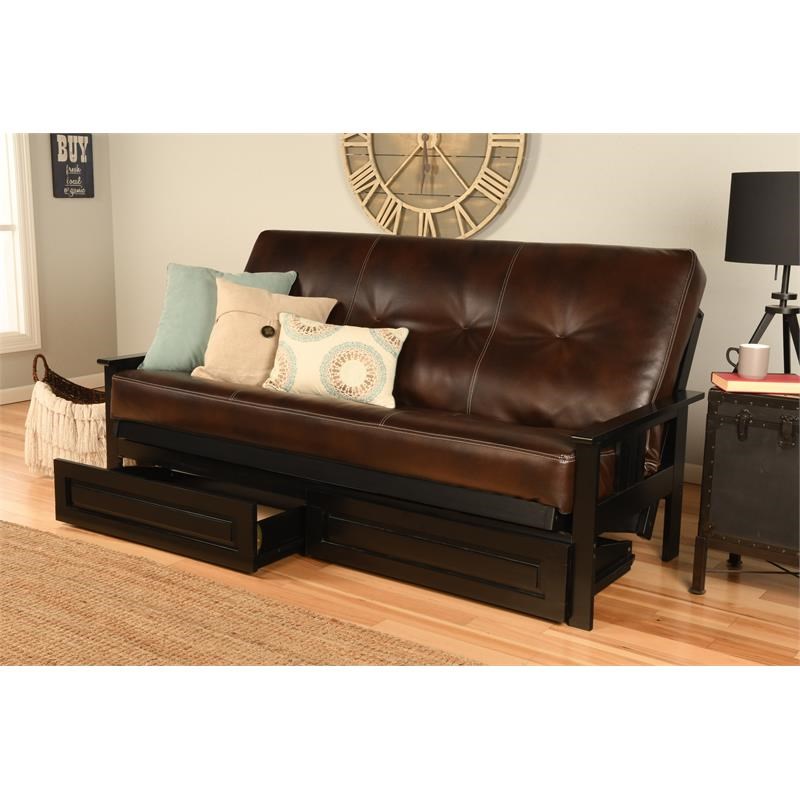 Pemberly Row Black Storage Futon with Brown Faux Leather Mattress