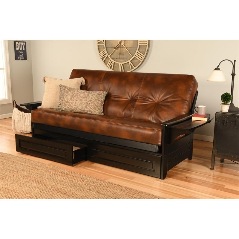 Pemberly Row Black Storage Futon with Brown Faux Leather Mattress