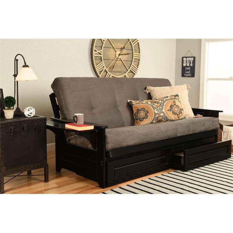 Pemberly Row Storage Futon with Suede Fabric Mattress in Black and Gray