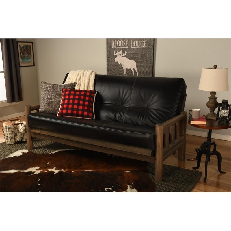 Pemberly Row Rustic Walnut  Futon with Black Faux Leather Mattress