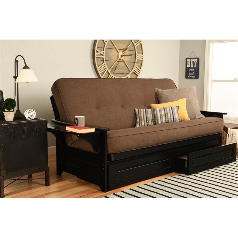 Pemberly Row Futon with Linen Fabric Mattress in Cocoa Brown and Black