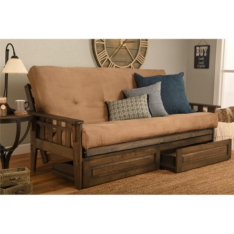 Pemberly Row Frame with Suede Fabric Mattress in Tan and Rustic Walnut