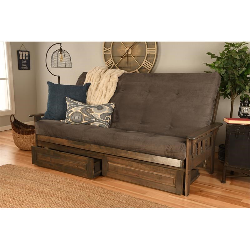 Pemberly Row Queen Futon with Suede Fabric Mattress in Gray and Walnut