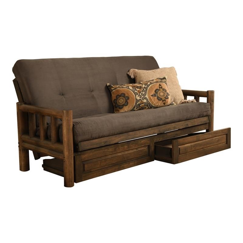 Pemberly Row Futon with Suede Fabric Mattress in Rustic Walnut and Gray
