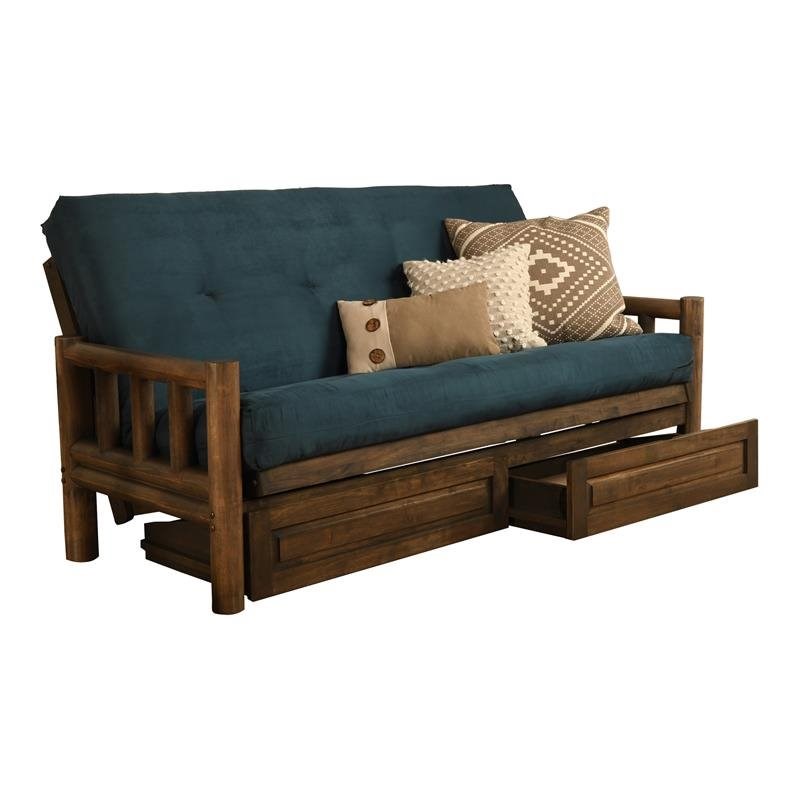 Pemberly Row Futon with Suede Fabric Mattress in Rustic Walnut and Blue