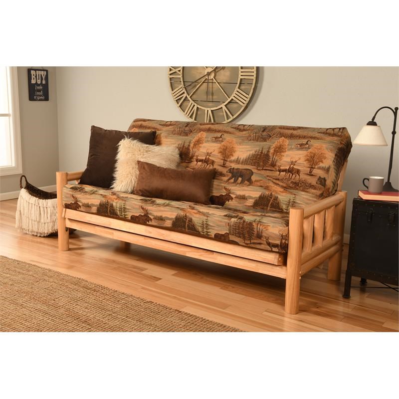Pemberly Row Full Futon with Canadian Print Mattress in Natural and Tan