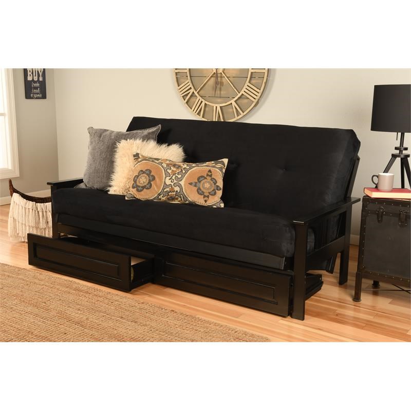 Pemberly Row Storage Full Futon with Suede Fabric Mattress in Black