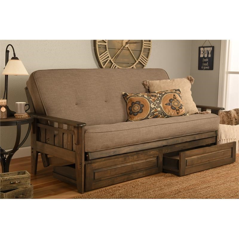 Pemberly Row Frame with Linen Fabric Mattress in Gray and Rustic Walnut