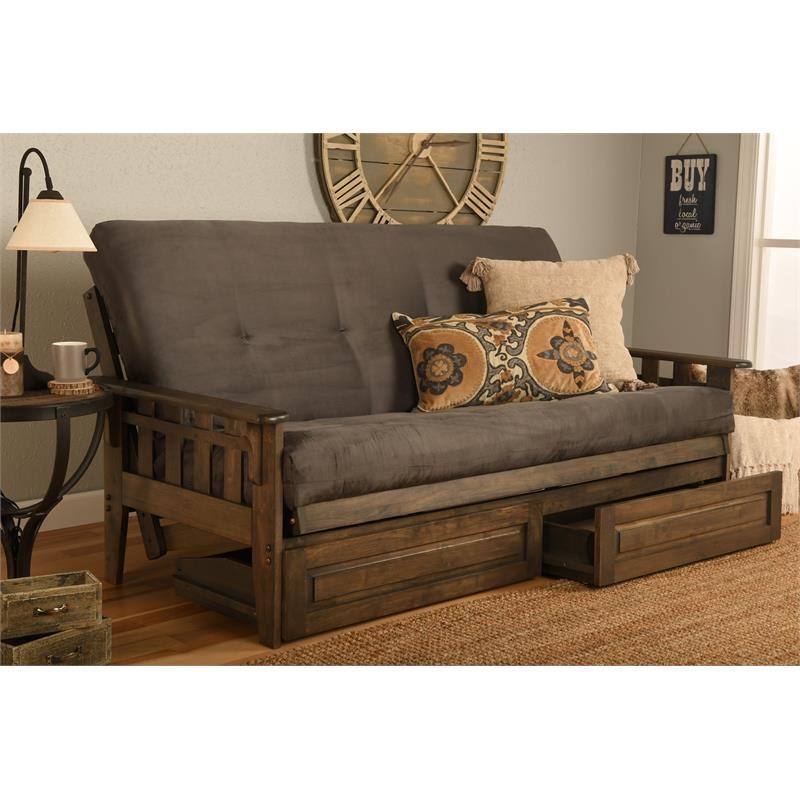 Pemberly Row Frame with Suede Fabric Mattress in Gray and Rustic Walnut
