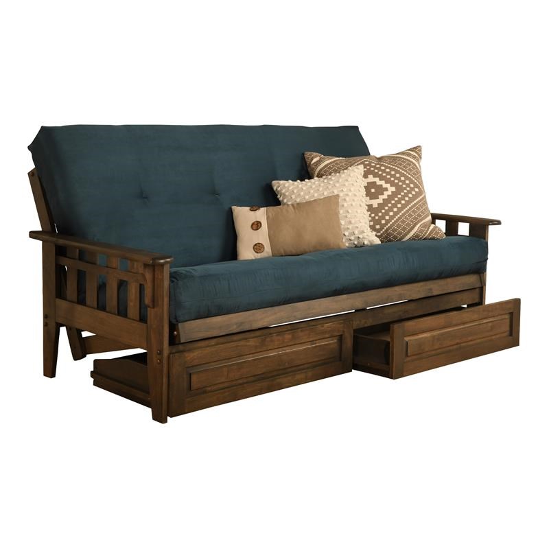 Pemberly Row Frame with Suede Fabric Mattress in Blue and Rustic Walnut