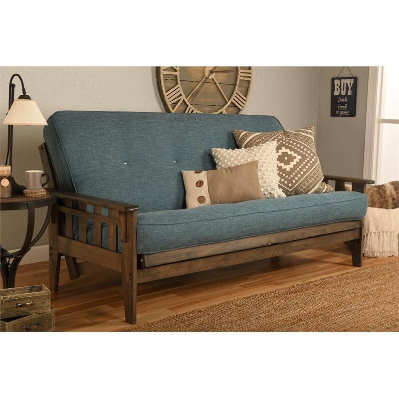Pemberly Row Frame with Linen Fabric Mattress in Blue and Rustic Walnut