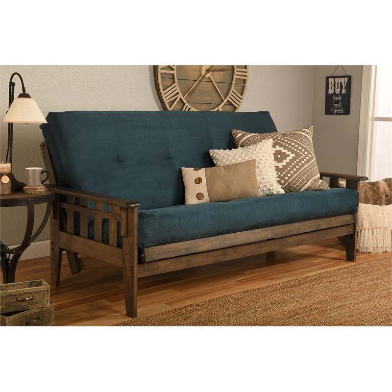 Pemberly Row Frame with Suede Fabric Mattress in Blue and Rustic Walnut