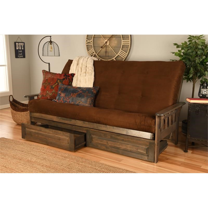 Pemberly Row Queen Futon with Suede Fabric Mattress in Brown and Walnut