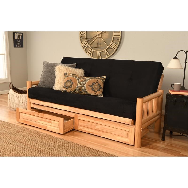 Pemberly Row Storage Futon with Suede Fabric Mattress in Natural and Black