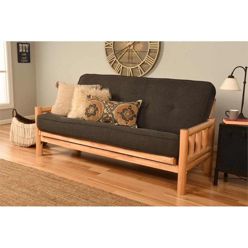 Pemberly Row Futon with Linen Fabric Mattress in Natural and Charcoal Gray