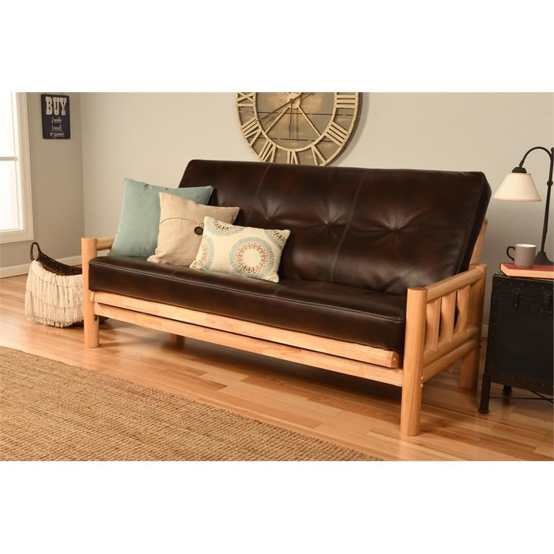 Pemberly Row Natural  Futon with Faux Leather Mattress in Java Brown