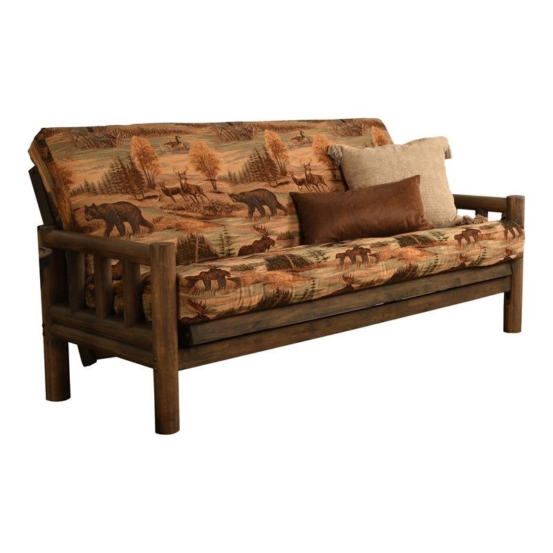Pemberly Row Futon with Canadian Print Mattress in Tan and Rustic Walnut