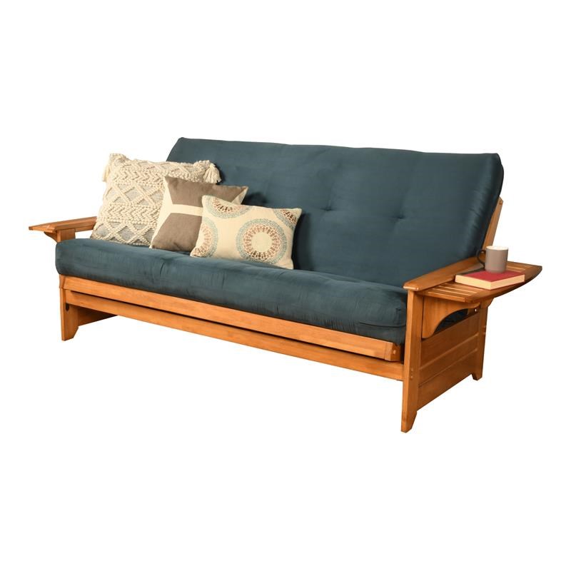 Pemberly Row Futon with Suede Fabric Mattress in Butternut and Navy Blue
