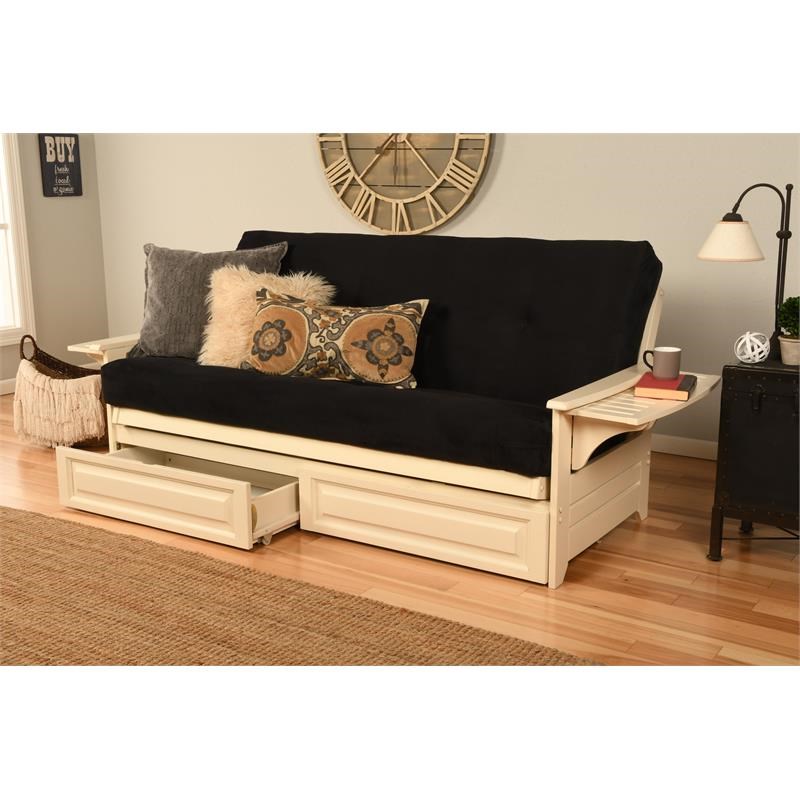 Pemberly Row Futon with Suede Fabric Mattress in Black and Antique White