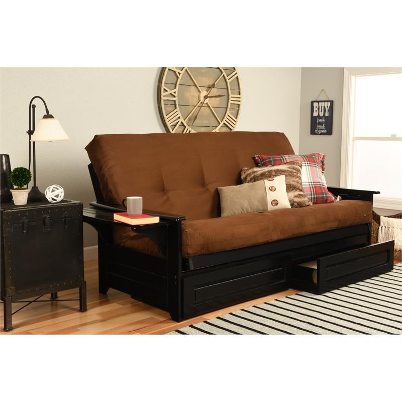 Pemberly Row Storage Futon with Suede Fabric Mattress in Brown and Black